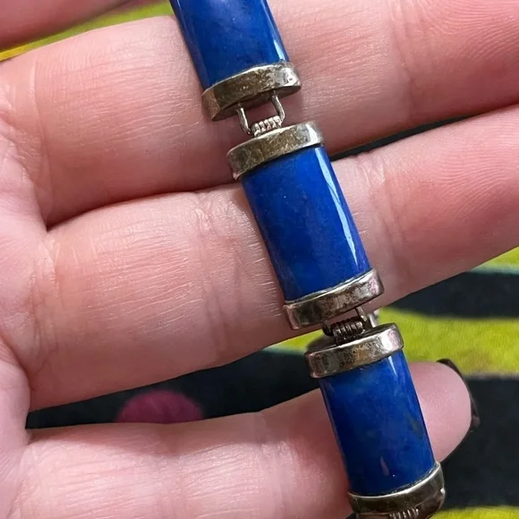 VTG Lapis Lazuli Stone Panel Sterling Silver 925 China Bracelet - Picture 4 of 9